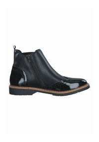 Bocanci negri din piele cu un finisaj lucios, detalii decorative brogue, fermoar lateral și o talpă din cauciuc cu cusături contrastante.