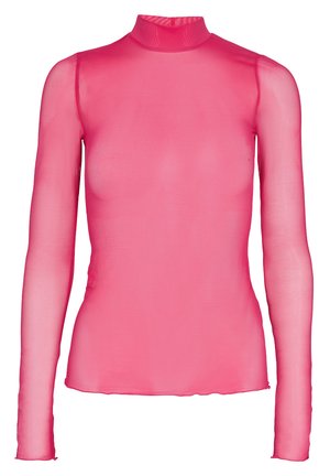 Dlhý rukáv, top s vysokým golierom z priesvitnej ružovej látky. Hladká textúra, priliehavý strih s dlhými rukávmi a rovný lem.