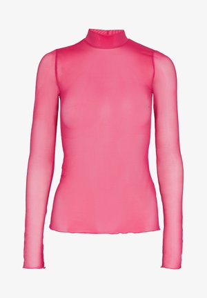 Dlhý rukáv, top s vysokým golierom z priesvitnej ružovej látky. Hladká textúra, priliehavý strih s dlhými rukávmi a rovný lem.