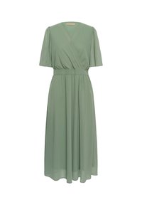 Robe midi vert clair à manches courtes, corsage cache-cœur en V, taille cintrée et jupe fluide sur fond blanc.