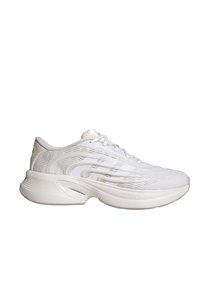 Chaussures de sport blanches avec une tige en mesh respirant, un motif texturé, une semelle intermédiaire coussinée et des accents de ventilations aérées visibles.