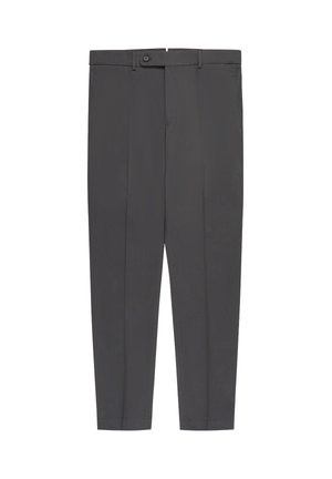 Donkergrijze op maat gemaakte broek met knoopsluiting, riemlussen, zijzakken en een slim fit.