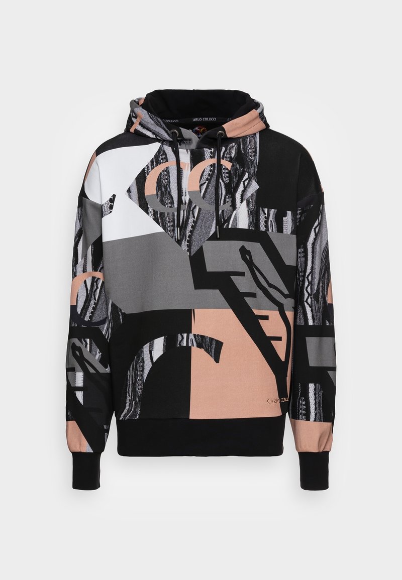 Kleurige hooded sweatshirt met een mix van geometrische patronen in tinten zwart, wit, grijs en perzik. Voorzien van een trekkoordkap.