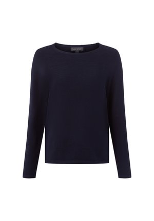 Marineblauwe longsleeve crewneck trui met een slim fit en raglanmouwen, maat small.