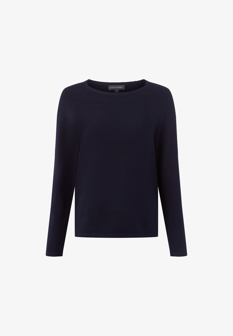 Granatowy sweter z długim rękawem i okrągłym dekoltem w slim fit z rękawami raglanowymi, oznaczony rozmiarem małym.