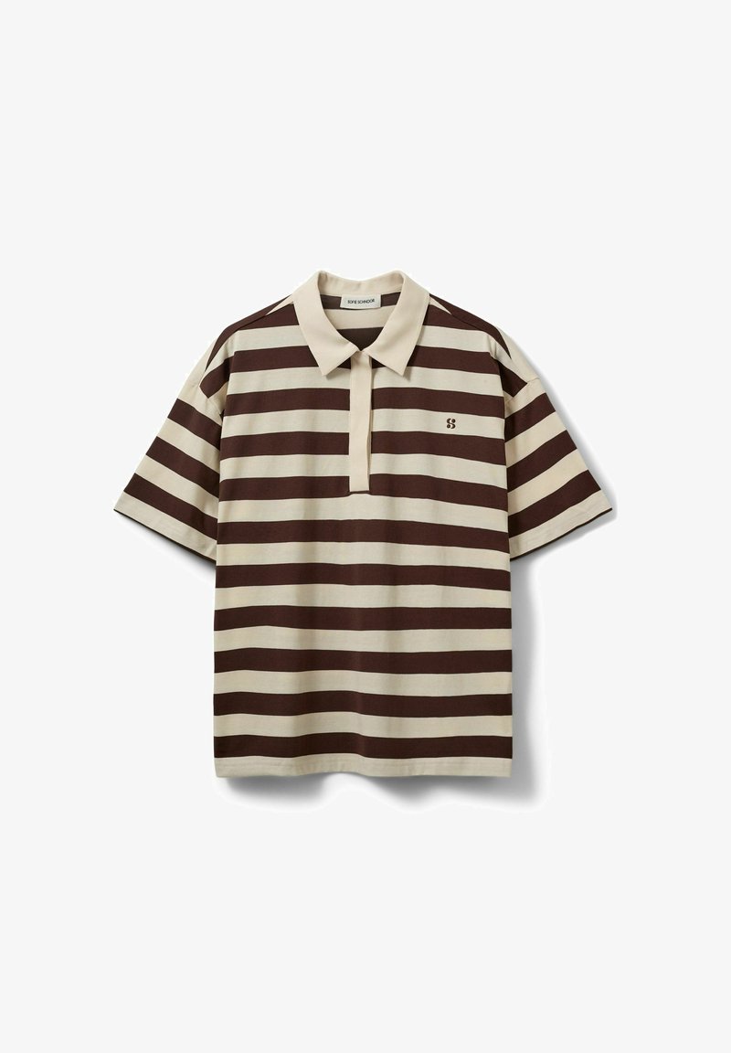 Polo à manches courtes avec des rayures horizontales marron et beige et un petit logo "SS" sur le côté gauche de la poitrine.