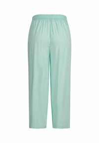 Pantalone ravnog kroja mint zelene boje s elastičnim strukom i glatkom teksturom, prikazani s leđa na bijeloj pozadini.