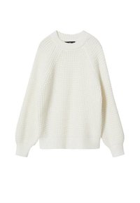 White knitted sweater with a textured pattern, raglan sleeves, and ribbed cuffs and hem. Soft, lightweight material, relaxed fit.