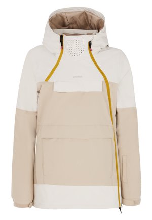 Beige-weiße Jacke mit Kapuze, Fronttasche, gelben Akzenten und atmungsaktivem Mesh-Einsatz. Hergestellt aus weichem, strukturiertem Stoff.