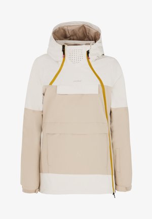 Beige og hvid jakke med hætte, frontlomme, gule detaljer og åndbart mesh-panel. Lavet af blødt, struktureret stof.