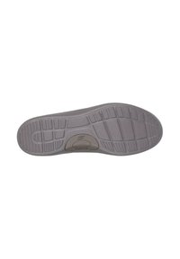 Suela de zapato de goma gris con un patrón de texturizado, que presenta un logotipo prominente en el centro y un borde liso.