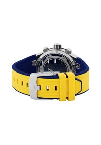 Orologio da polso con cassa in acciaio inossidabile e cronografo multifunzione. Caratterizzato da un cinturino in gomma blu e giallo con una fibbia in argento.