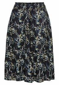 Černá sukně s květinovým vzorem a bílými, žlutými a modrými listy. Má nařasený pas a volný střih.