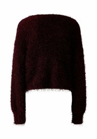 Burgunderfarbener, cropped Pullover mit langen Ärmeln, hergestellt aus einem kuscheligen, strukturierten Material. Er hat einen weiten, schulterfreien Halsausschnitt und eine weiche Verarbeitung.
