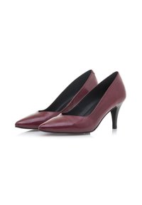 Décolleté in vernice bordeaux con punta appuntita, un taglio a V nella parte anteriore e un tacco nero sottile. Texture liscia.