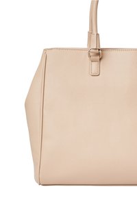 Borsa in pelle sintetica beige con forma strutturata, texture liscia, doppi manici e corpo rettangolare. Presenta una piccola tracolla staccabile.
