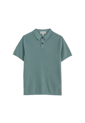 Polo a maniche corte in maglia a coste verde acqua con due bottoni neri e colletto morbido, disteso su uno sfondo bianco.