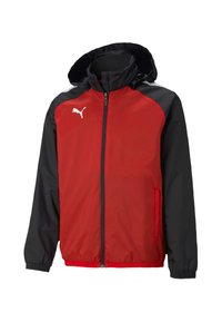Rot schwarze Kapuzenjacke mit Reißverschluss, aus leichtem Material gefertigt. Mit Puma-Logo auf der Brust und elastischen Bündchen.