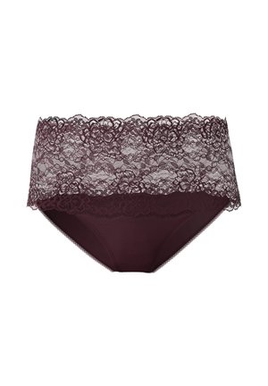 Bordeaux kantondergoed met een brede kanten tailleband en een gladde stoffen body met golvende randen en ingewikkelde bloempatronen.