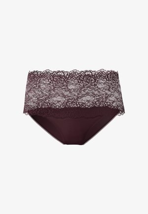 Burgunderfarbene Spitze Unterwäsche mit einem breiten Spitzenbund und einem glatten Stoffkörper mit gewellten Kanten und komplizierten Blumenmustern.