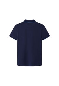 Mörkblå pikétröja i bomull, med klassisk krage och korta ärmar, prydd med en kontrasterande ljusblå kant på kragen.