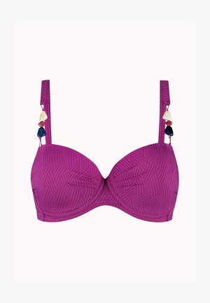 Reggiseno imbottito viola con trama, con spalline regolabili e perline decorative multicolori su ciascun lato.