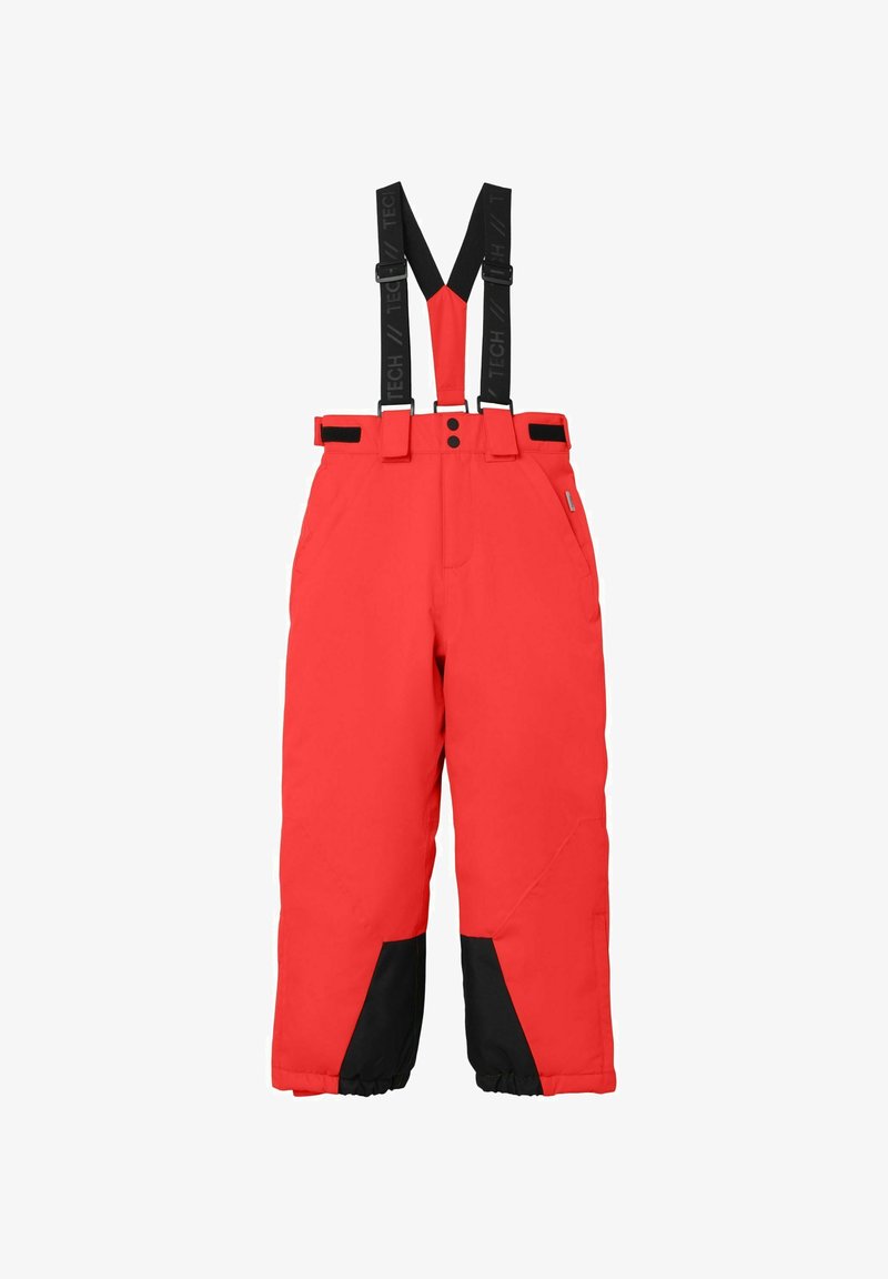 Röda snöbyxor med svarta detaljer, justerbara hängslen, sidofickor och elastiska muddar för en säker passform. Vattentätt material.
