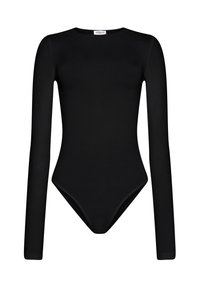 Body in tessuto liscio a maniche lunghe nero, con scollatura rotonda e aperture alte sulle gambe. Presenta un design minimalista senza motivi.