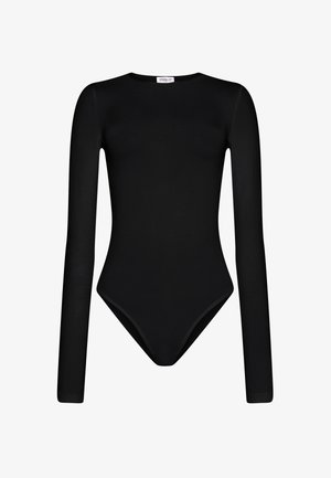 Zwarte lange mouwen bodysuit van zachte stof met een ronde halslijn en hoge beenopeningen. Beschikt over een minimalistisch ontwerp zonder patronen.