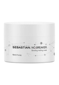 Witte plastic container met een gladde oppervlakte, deksel en bedrukte zwart en rode tekst. Bevat 150 ml Sebastian No.Breaker bonding melting mask.