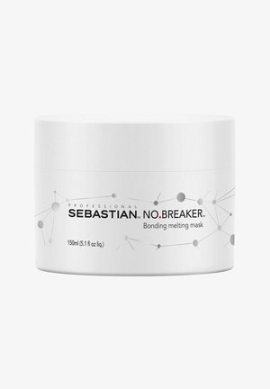 Witte plastic container met een gladde oppervlakte, deksel en bedrukte zwart en rode tekst. Bevat 150 ml Sebastian No.Breaker bonding melting mask.