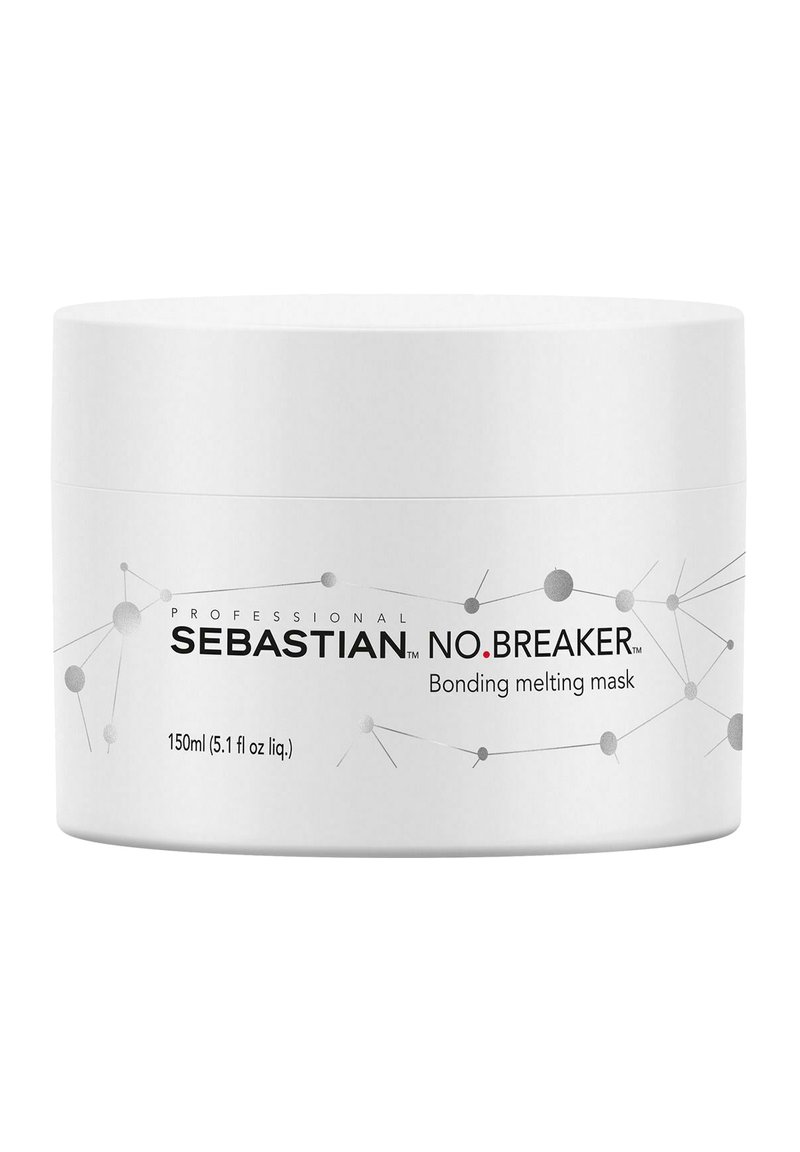 Witte plastic container met een gladde oppervlakte, deksel en bedrukte zwart en rode tekst. Bevat 150 ml Sebastian No.Breaker bonding melting mask.