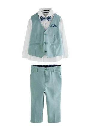 Hellblauer Kleinkind-Anzug mit Weste, Hose, weißem Langarmhemd sowie blau-kariertem Fliegen- und Einstecktuch.