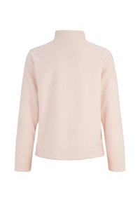 Pull en polaire rose clair avec des manches longues et un col montant, présentant une texture douce et un design simple, sans aucune ornementation.