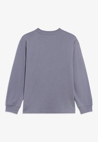Hosszú ujjú póló puha, világosszürke pamutból. Kerek nyakkivágással, raglán ujjakkal és egyenes szegéllyel rendelkezik. Egyszerű, sima textúrájú, mintázat nélkül.