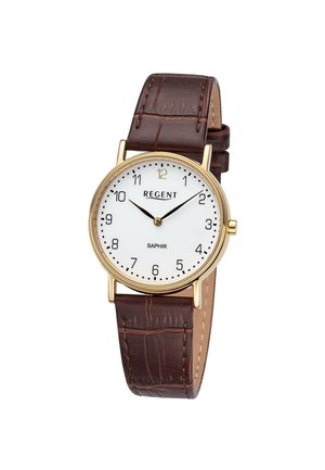 Montre-bracelet ton or avec cadran blanc, index horaires noirs, aiguilles noires indiquant 10h10, et bracelet en cuir marron à motif crocodile.