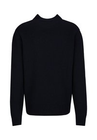 Marineblauer Strickpullover mit geripptem Kragen und Bündchen, der eine sanfte Textur und einen geraden Schnitt aufweist, Rückansicht gezeigt.