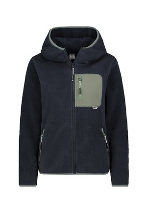 Marineblaues Fleece-Jackett mit Kapuze, ausgestattet mit einer grünen Reißverschluss-Brusttasche, vorderem Reißverschluss und seitlichen Taschen mit Reißverschluss. Strukturiertem Stoff.