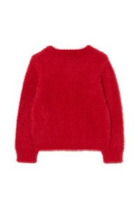 Rode, pluizige trui met een zachte textuur. Heeft een ronde hals en lange mouwen, afgewerkt met een ribbelboord voor extra detail.