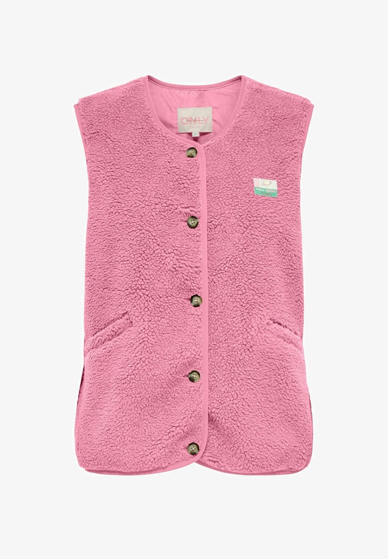 Różowa bezrękawnikowa kamizelka z polaru z guzikami z przodu, dwoma bocznymi kieszeniami, okrągłym dekoltem i małą naszywką z logo na piersi.