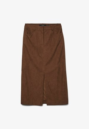 Brun knælang nederdel med lige skæring, frontslids og subtil tekstur, der har to sidelommer og en taljeelastik for et tætsiddende look.