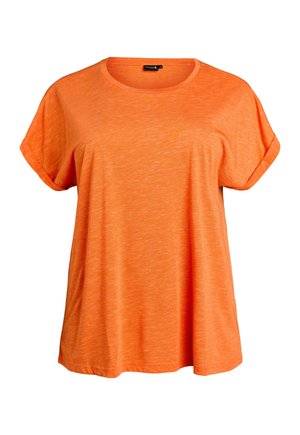 Fel oranje T-shirt met korte mouwen, omgeslagen manchetten en een ronde hals, gemaakt van lichtgewicht, licht gestructureerde stof.