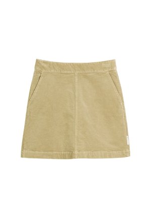 Khakifarbener Cord-Rock mit zwei Vorder Taschen, einem glatten Bund, vertikaler Rippenstruktur und geradem Schnitt.