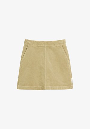 Spódnica z korduroy w kolorze khaki z dwoma przednimi kieszeniami, gładkim pasem, pionową teksturą prążków i prostym krojem.