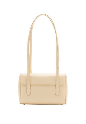 Sac à épaule rectangulaire beige avec longues bretelles doubles et fermeture à rabat, présenté sur fond blanc.