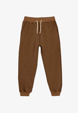 Brune sweatpants lavet af blødt stof, med en elastisk talje med snoretræk, sidelommer og en tætsiddende afslutning.