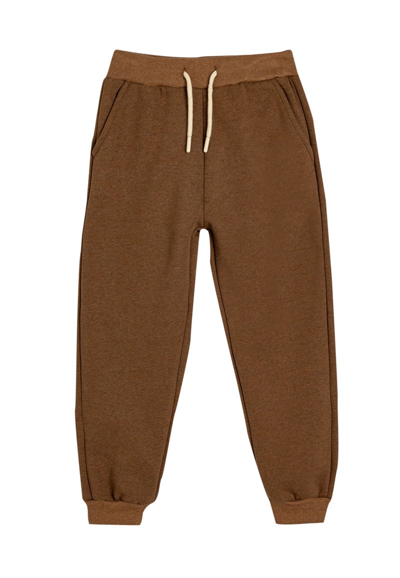 Bruine sweatpants van zachte stof, met een elastische tailleband met trekkoord, zijzakken en taps toelopende boorden.