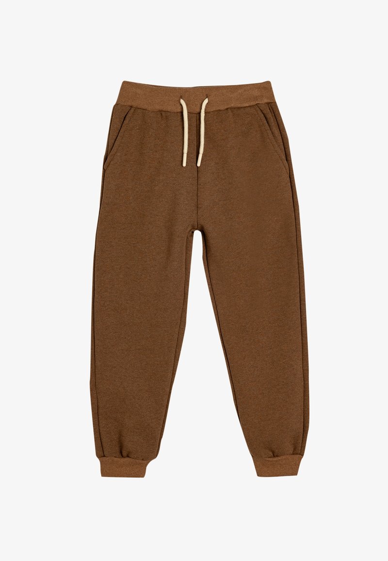 Pantalons de survêtement marron en tissu doux, dotés d'une taille élastique avec cordons de serrage, de poches latérales et de poignets resserrés.