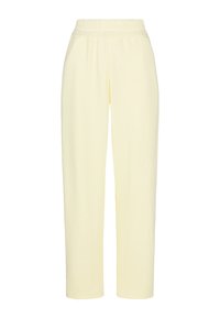 Geel elastische broek met rechte pijpen, gemaakt van zachte stof; heeft een gladde textuur en een enkel-lange snit.