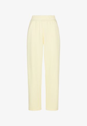 Geel elastische broek met rechte pijpen, gemaakt van zachte stof; heeft een gladde textuur en een enkel-lange snit.